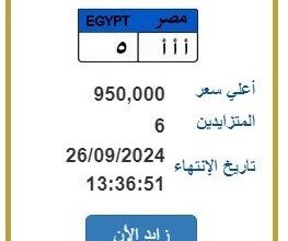 عرض لوحة سيارة في مصر بمليون جنيه