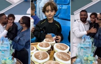 شاهد بالصور.. تامر حسني وبسمة بوسيل يحتفلان بعيد ميلاد ابنهما آدم