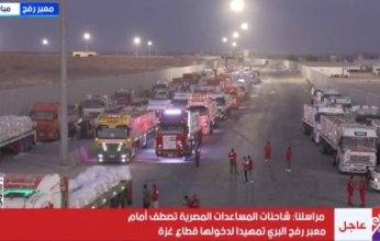 شاهد بالفيديو.. شاحنات المساعدات المصرية تصطف أمام معبر رفح البري تمهيدًا لدخولها قطاع غزة