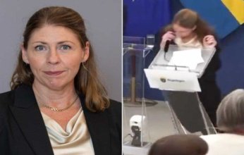 في مشهد مؤثر.. سقوط وزيرة الصحة السويدية أرضًا خلال مؤتمر صحفي (فيديو)