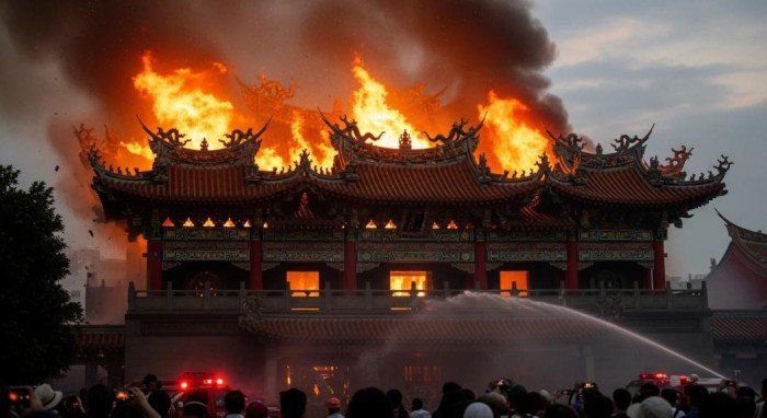 حريق يلتهم معبد وينتشانج الواقع على جبل فنجهوانج بالصين حريق يلتهم معبد وينتشانج الواقع على جبل فنجهوانج بالصين